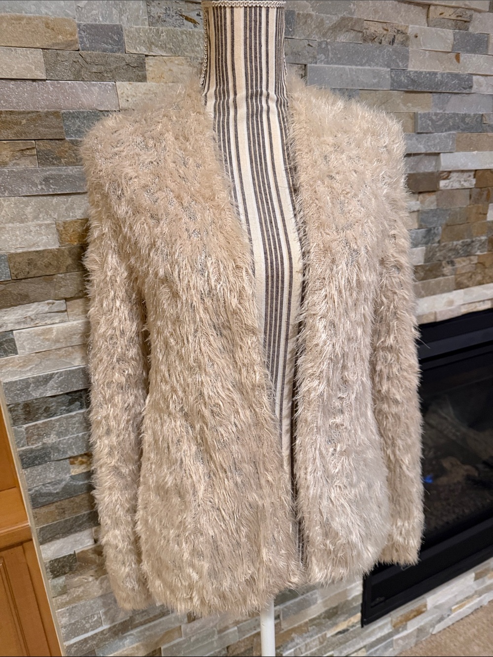 XOXO Taupe Shaggy Faux Fur Open-Front Cardigan